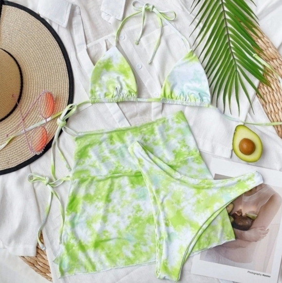 Triangle Tie Dye 3 Piece Bikini Set with Skirt Swimsuit - Picture 8 of 12